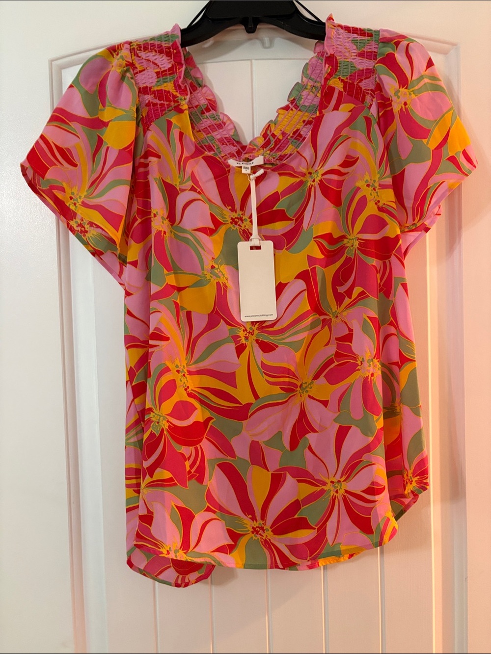 Pleione Pink Multi Floral Short Sleeve Blouse